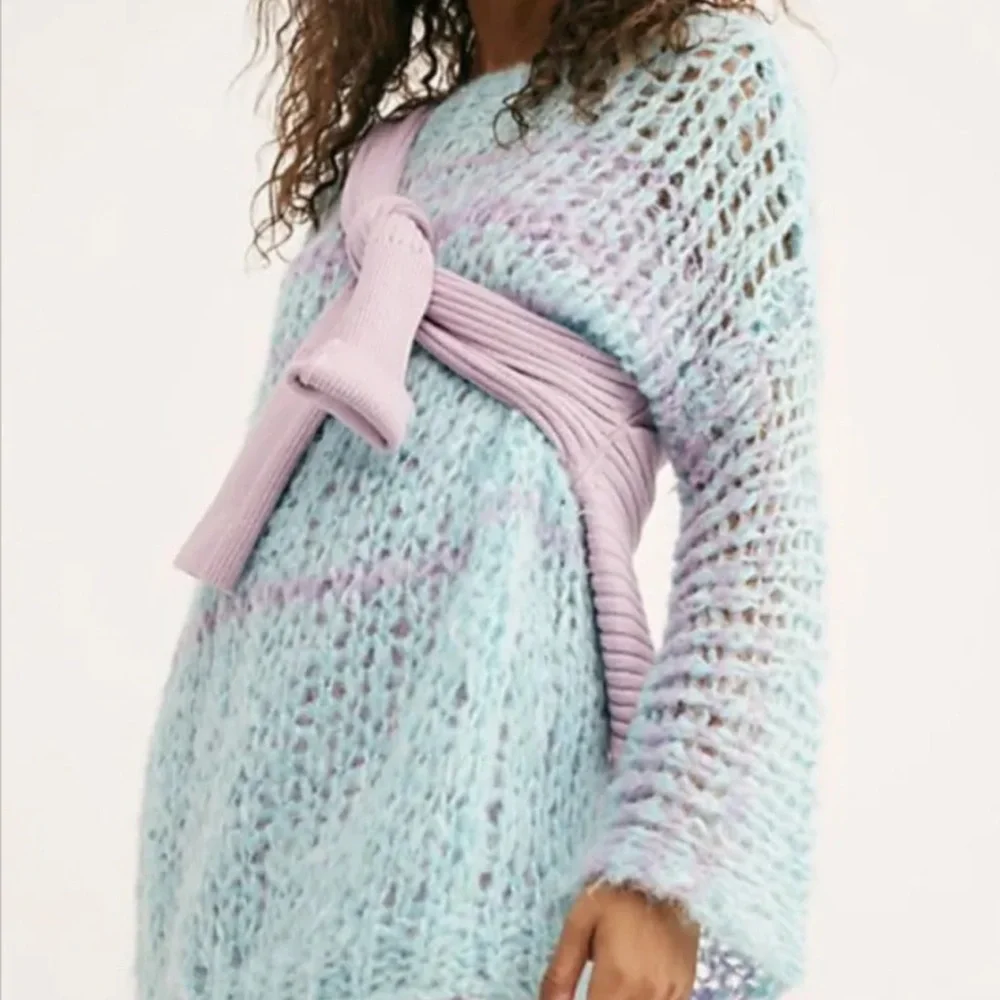 Hand-Knit Aqua & Lilac Striped Cozy Sweater